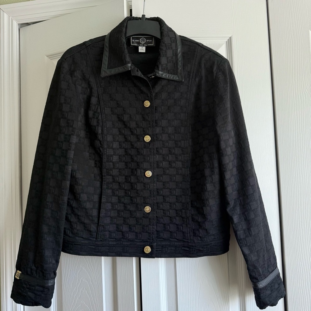 St. John Sport Monogram Logo Jacket with Gold Button and Leather Trim